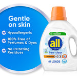 all® free clear detergent bottle beside blue infographic circle listing hypoallergenic and dye-free benefits