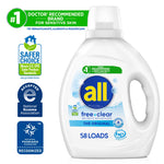Studio shot of all® free clear detergent bottle with certification badges and #1 doctor recommended banner