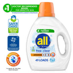 all® free clear detergent bottle with Safer Choice and recognition badges on a white background