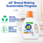 all® free clear advanced OXI detergent bottle with washing machine background and sustainability badges