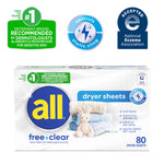 All free·clear dryer sheets box with three certification and benefit icons above on white background
