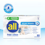 All free·clear dryer sheets box on reflective surface with hypoallergenic badge and water accent