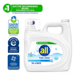 All free clear detergent jug with certification badges and green #1 doctor-recommended banner on a white background