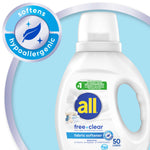 Close-up of all free•clear fabric softener bottle with blue hypoallergenic softens badge on pale background