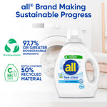 all® free clear detergent bottle shown with laundry and sustainability icons about biodegradable ingredients and recycled bottle