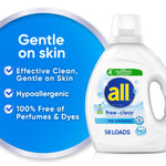 all® free clear detergent bottle beside blue circular callout listing hypoallergenic and perfume-free benefits