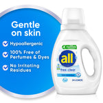 all® free clear detergent bottle next to blue circular panel listing 'Gentle on skin' benefits and icons.