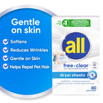 Promotional graphic showing all free·clear dryer sheets box and benefits listed against blue background