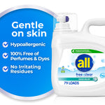 Close-up product image of all free clear jug with graphic text listing hypoallergenic and no irritating residues