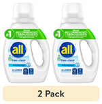 Two all® free clear laundry detergent bottles side‑by‑side on a white background with a beige '2 Pack' banner below.