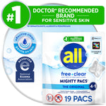Close-up product graphic of all free clear Mighty Pacs pouch with logos and 19 PACS callout