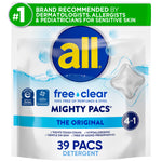 Front-facing all free clear Mighty PACS pouch showing brand logo, product name and '39 PACS' detergent messaging