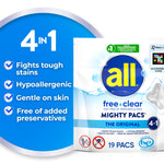 All free clear Mighty Pacs pouch shown with 4-in-1 benefit list on a blue circular panel