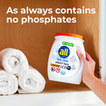 hand placing an all free clear mighty pacs advanced oxi container on a shelf beside rolled towels, with overlay text reading “as always contains no phosphates.”