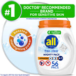 all free clear mighty pacs advanced oxi detergent tub with orange lid, label showing 56 pacs