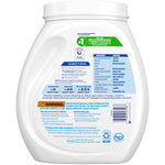 Back of a white All Free Clear Mighty Pacs laundry detergent tub showing directions, ingredients table, warning label and barcode.