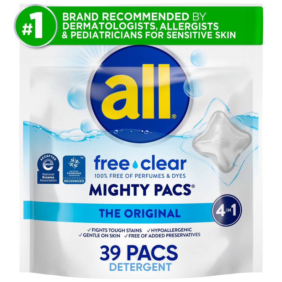 Close-up front view of an all free clear Mighty Pacs pouch showing brand logo and 39 pac count