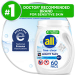 White plastic tub of all free clear Mighty Pacs with National Eczema Association badge and #1 doctor recommended banner