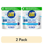 Two all free clear Mighty Pacs detergent pouches side-by-side on white background with 2 Pack label below