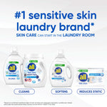 All brand product lineup including free•clear detergent tubs and dryer sheets under headline about sensitive skin laundry brand