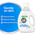 All free•clear fabric softener bottle beside blue callout reading gentle on skin and benefits