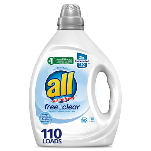 White All Stainlifters Free Clear laundry detergent bottle with front label and handle visible