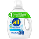 White all® free clear liquid detergent bottle with green banner and blue logo, labeled 58 loads