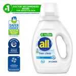 all® free clear detergent bottle with certification icons and #1 doctor recommended banner