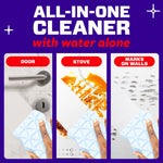 Three-panel usage examples showing a door, stove and wall being cleaned with a Magic Eraser under the heading "All-in-one cleaner"