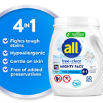 All free clear Mighty Pacs container shown beside blue infographic listing 4-in-1 benefits and 60 pacs callout
