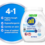 All free•clear Mighty Pacs container beside blue 4-in-1 features graphic highlighting hypoallergenic and stain-fighting claims