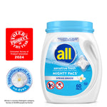 All Sensitive Fresh Mighty Pacs tub shown with award badge and hypoallergenic scent emblem on a white background