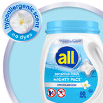 All Sensitive Fresh Mighty Pacs tub with a circular hypoallergenic scent badge and pale blue backdrop