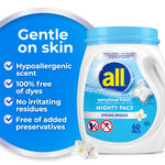 All Sensitive Fresh Mighty Pacs container beside a blue panel listing gentle-on-skin benefits and checkmark icons