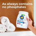 Hand placing a white all free•clear Mighty Pacs tub on a linen shelf next to rolled white towels with text about phosphates