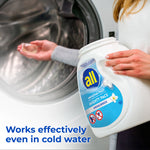 Person holding an open tub of all Sensitive Fresh Mighty Pacs near a front-loading washing machine drum