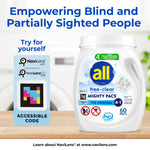 All free clear Mighty Pacs tub on a counter next to an accessible NaviLens code and headline about empowering blind users