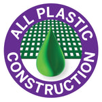 Round badge graphic with green droplet and grid behind it reading ‘All plastic construction’ in purple ring