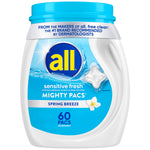 Front-facing tub of all Sensitive Fresh Mighty Pacs laundry detergent in a blue-and-white labeled container