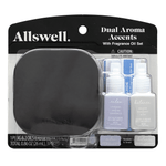 Allswell Dual Aroma Accents blister pack showing a black plug-in unit and two small fragrance oil bottles labeled relax and balance.