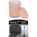 Lit Allswell Glow frosted jar candle with lid alongside Allswell Dual Aroma Accents plug-in and two fragrance oil bottles in blister pack.
