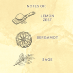 Graphic listing scent notes with illustrations for lemon zest, bergamot, and sage on a soft yellow watercolor background