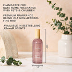 Styled lifestyle shot with mauve Allswell 'Relax' spray bottle and product dimensions text and features over a marble surface.