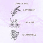 Illustrated ingredient notes graphic listing 'Lavender', 'Jasmine', and 'Chamomile' with botanical sketches on a lavender wash background.