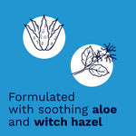 Blue informational panel with line-art aloe leaf and witch hazel illustrations and text stating formulated with aloe and witch hazel