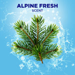 Close-up graphic of a pine branch over water splash with 'ALPINE FRESH SCENT' text for the product scent.
