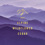 Purple layered mountain graphic with text 'alpine wildflower cedar' representing the mountain scent