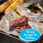Grilled food and ribs presented on crinkled aluminum foil with a label bubble reading strong enough for grilling