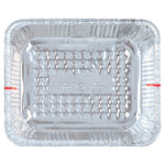 Top-down view of a disposable aluminum half steam pan showing textured interior and two small red alignment marks