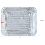 Top view of an aluminum half steam pan with measurements overlay showing 13 by 10.5 inches and textured interior